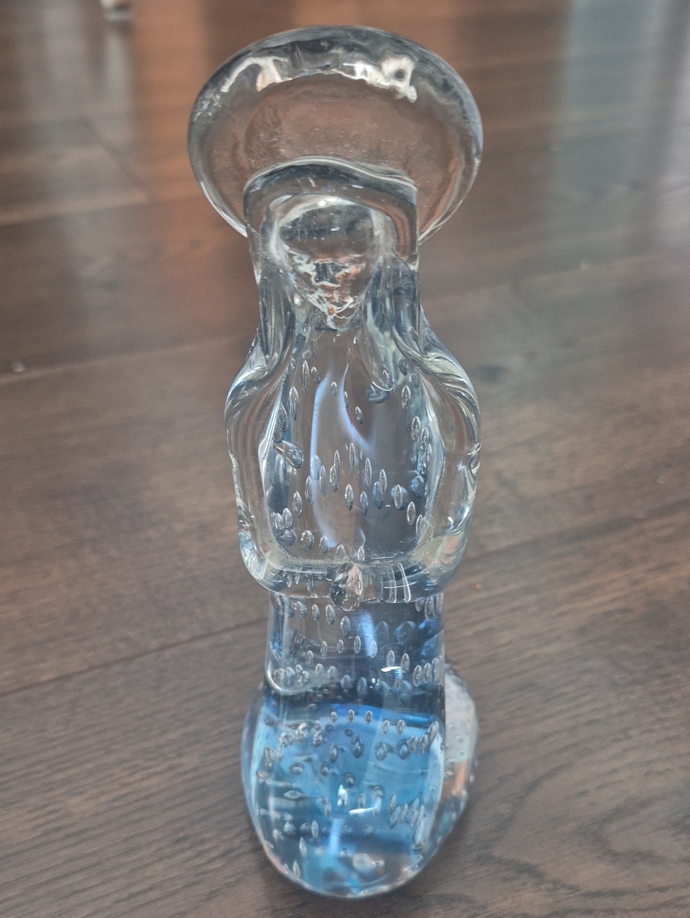 Murano Glass Virgin Mary Controlled Bubbles, Clear & Blue. Marked Arte Murano.